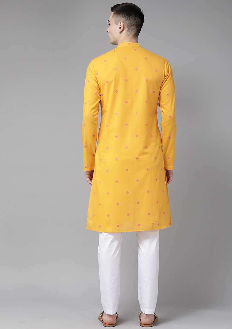 Yellow Woven Design Straight Kurta For Men - Indya