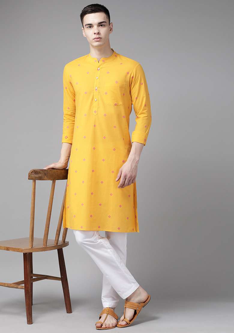 Yellow Woven Design Straight Kurta For Men - Indya