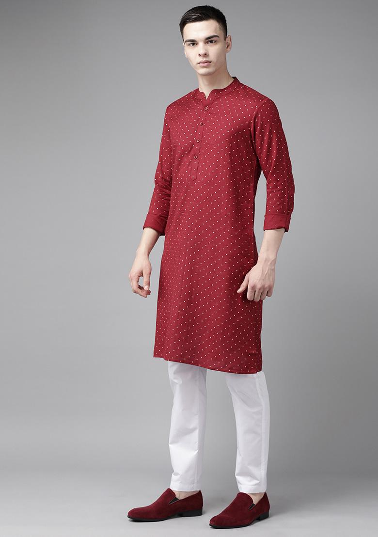 Maroon Printed Cotton Kurta For Men