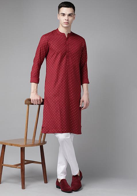 Maroon Printed Cotton Kurta For Men