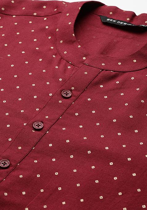 Maroon Printed Cotton Kurta For Men
