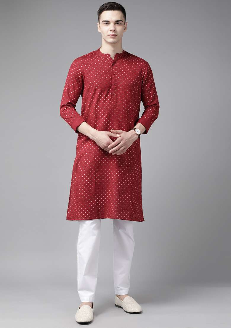 Maroon Printed Cotton Straight Kurta For Men - Indya