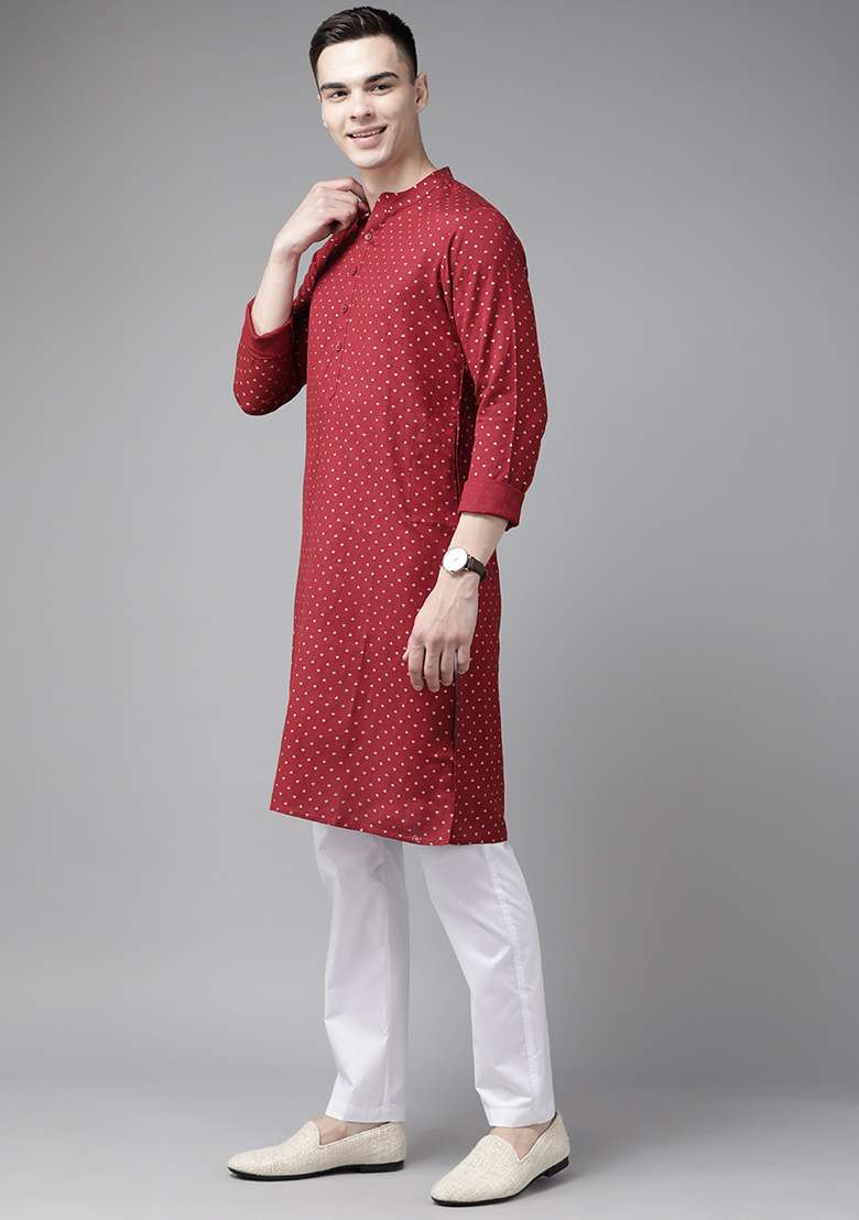 Maroon Printed Cotton Straight Kurta For Men - Indya