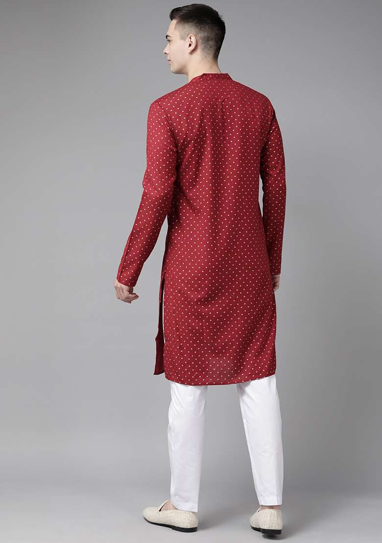 Maroon Printed Cotton Straight Kurta For Men - Indya