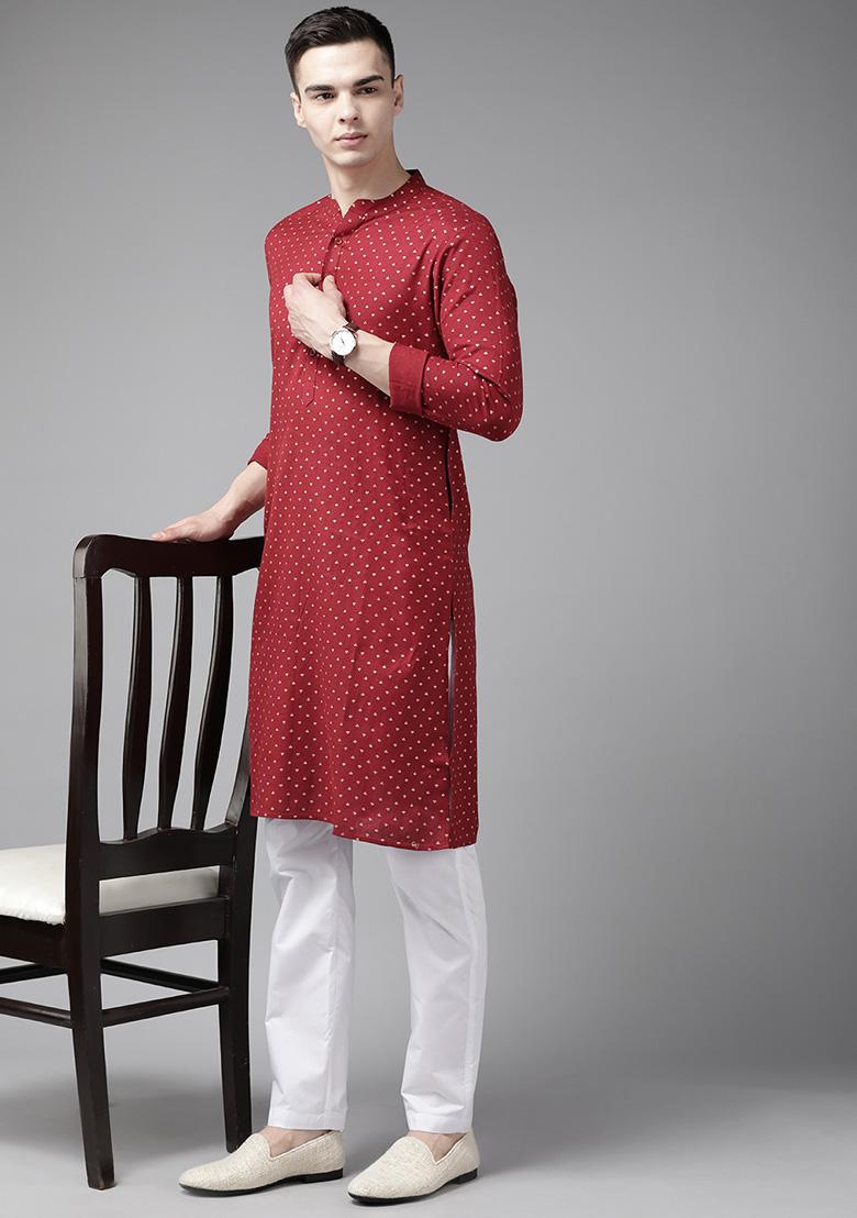 Maroon Printed Cotton Straight Kurta For Men - Indya