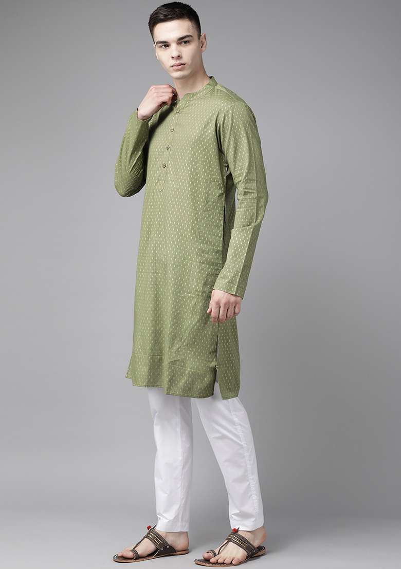 Green Striped Kurta For Men - Indya