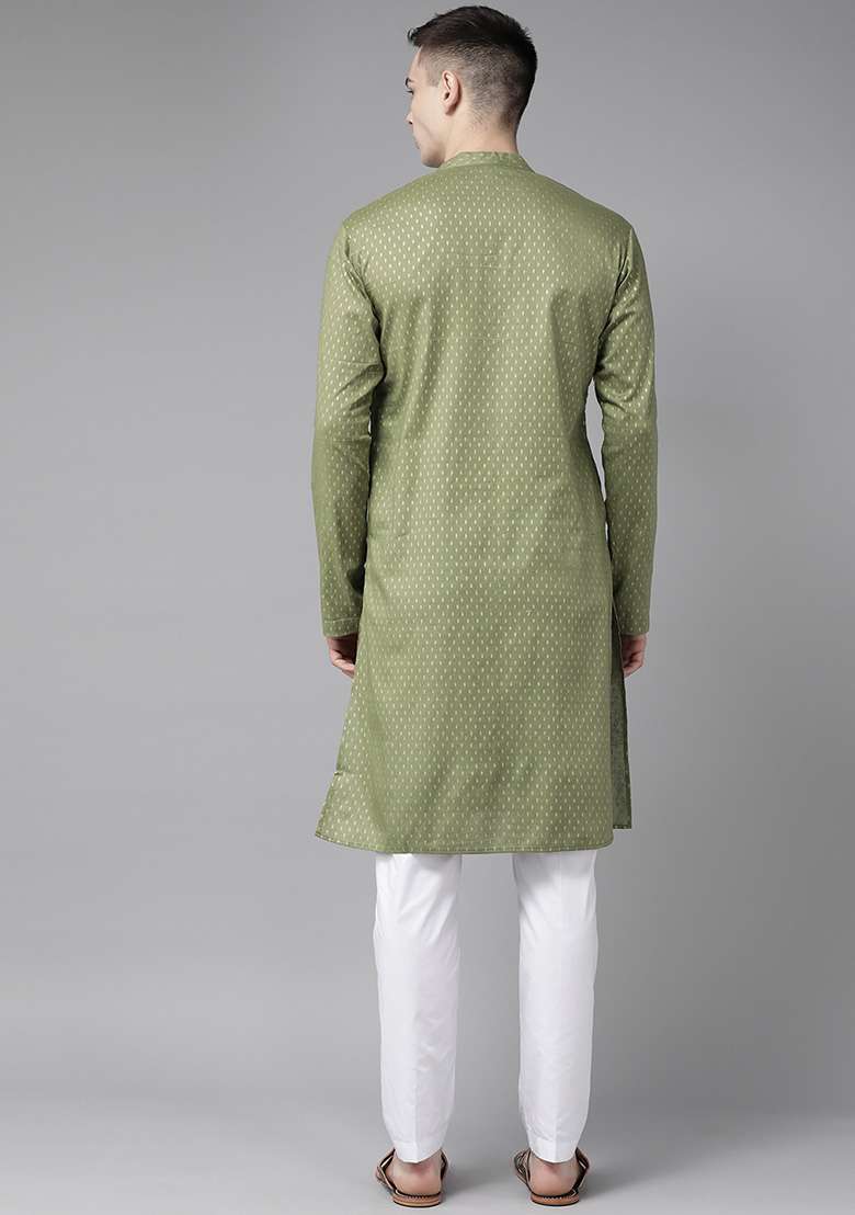 Green Striped Kurta For Men - Indya