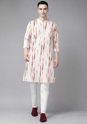 White Tie And Dye Print Cotton Straight Kurta For Men