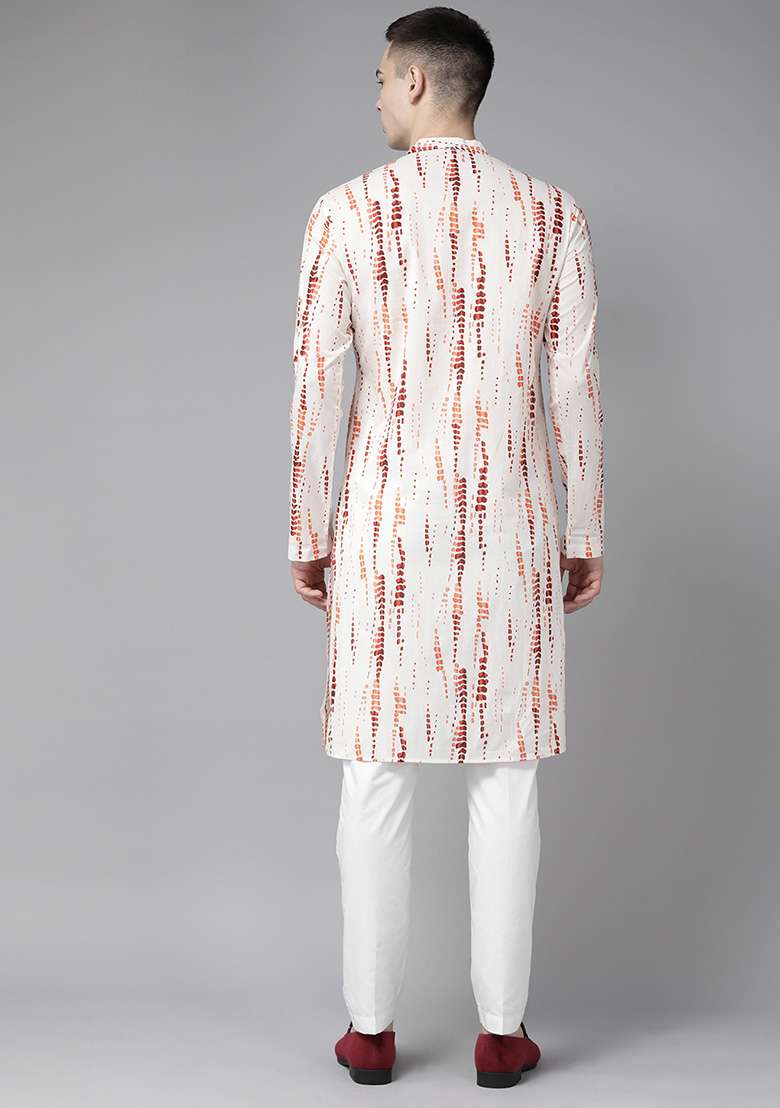 White Tie And Dye Print Cotton Straight Kurta For Men - Indya