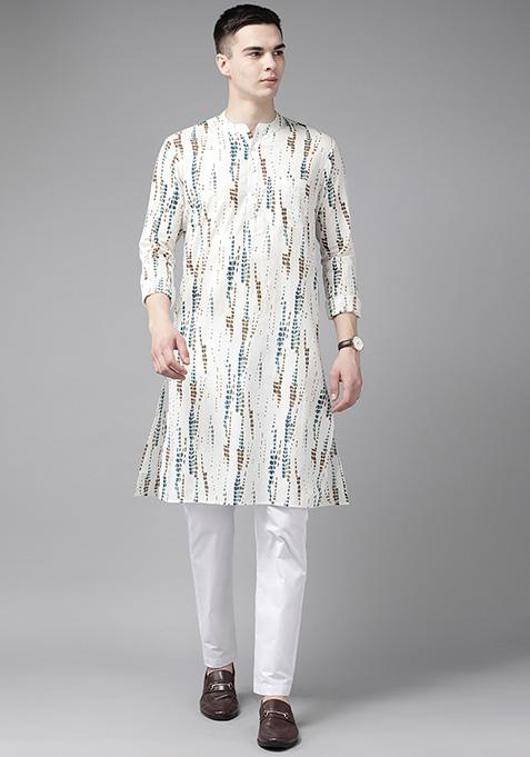 White Tie And Dye Print Straight Kurta For Men