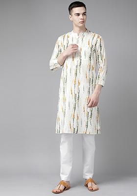 White Tie And Dye Print Cotton Kurta For Men