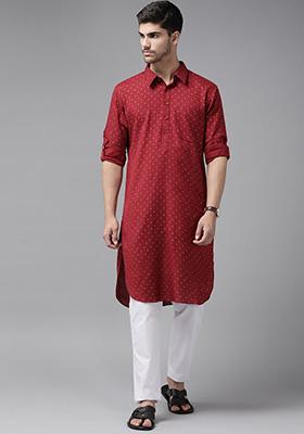 Maroon Pure Cotton Pathani Kurta Set For Men