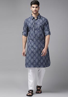 Navy Blue Pathani Kurta Set For Men