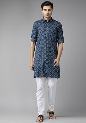 Blue Leaf Print Cotton Pathani Kurta Set For Men