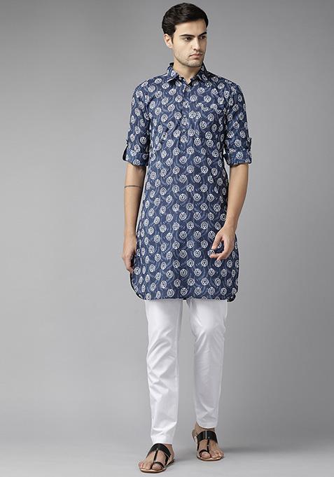 Indigo Blue Cotton Pathani Kurta Set For Men