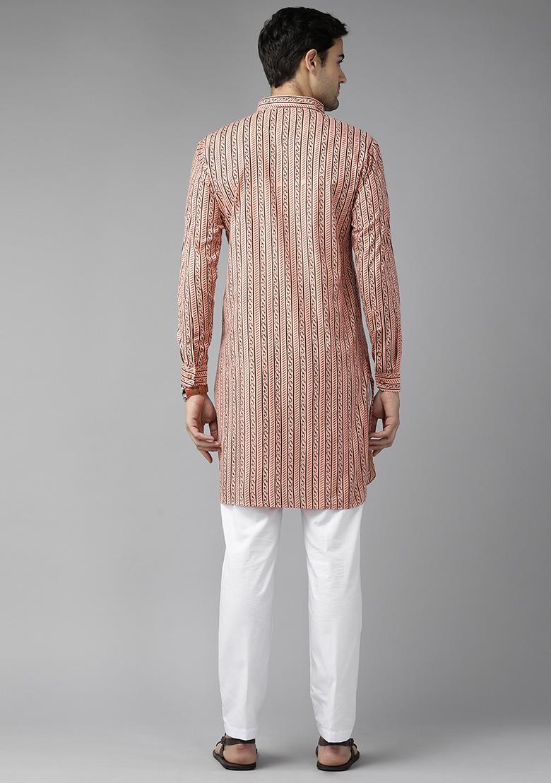 Peach Pure Cotton Pathani Kurta Set For Men