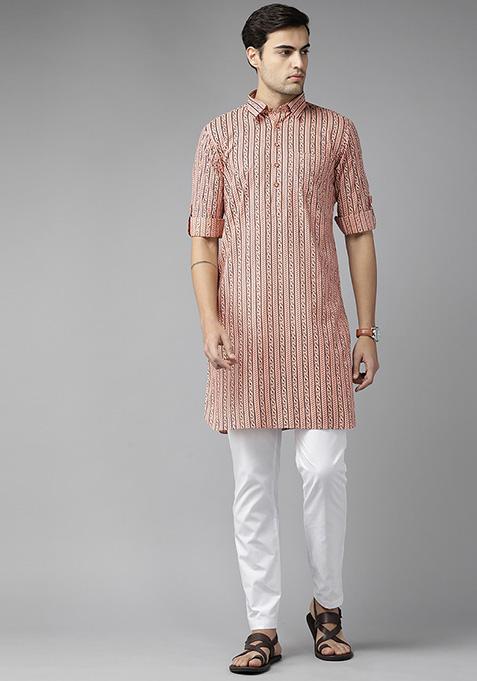 Peach Pure Cotton Pathani Kurta Set For Men