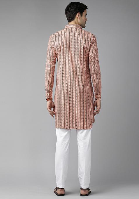Peach Pure Cotton Pathani Kurta Set For Men
