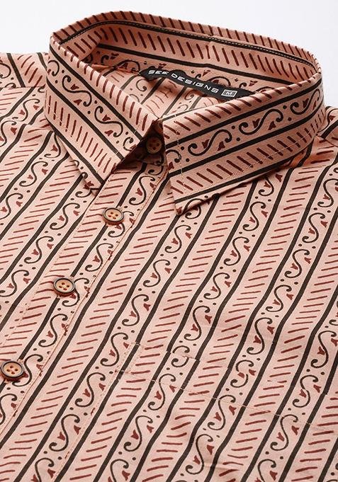 Peach Pure Cotton Pathani Kurta Set For Men