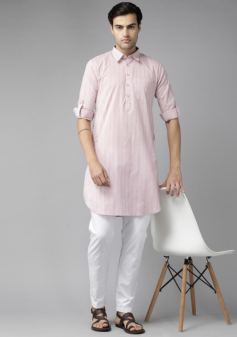 Pink Cotton Pathani Kurta Set For Men