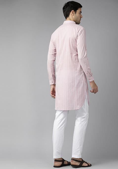 Pink Cotton Pathani Kurta Set For Men