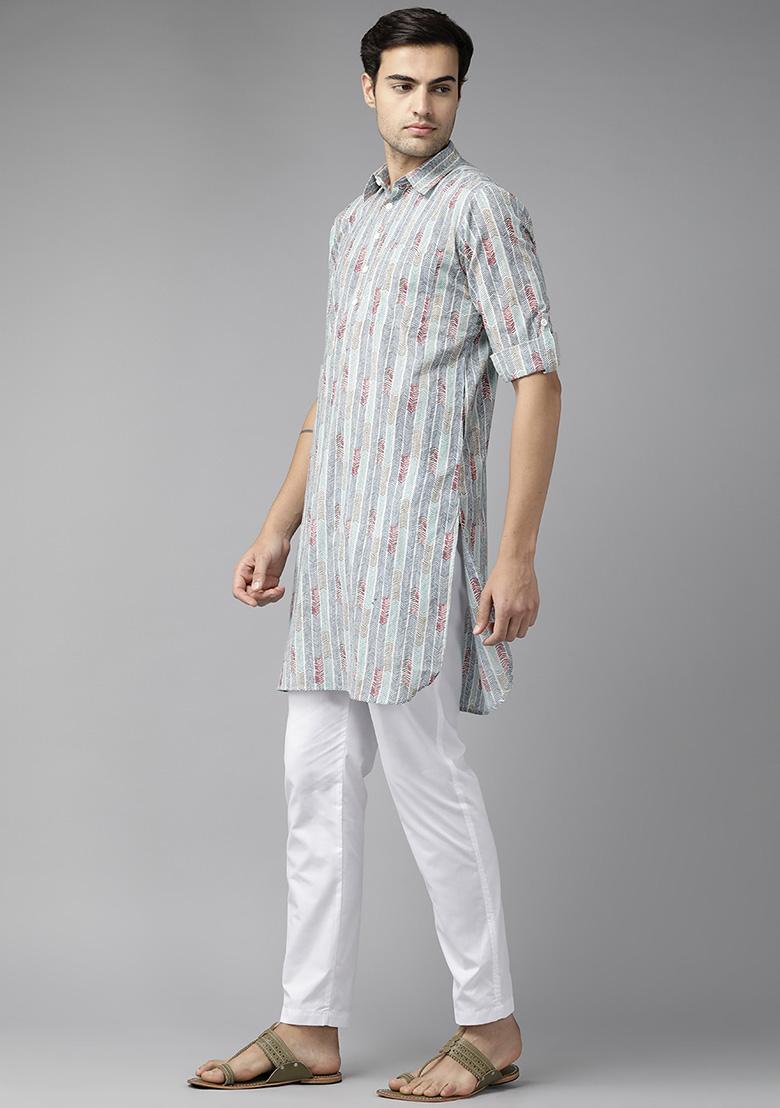 Multicolour Cotton Pathani Kurta Set For Men