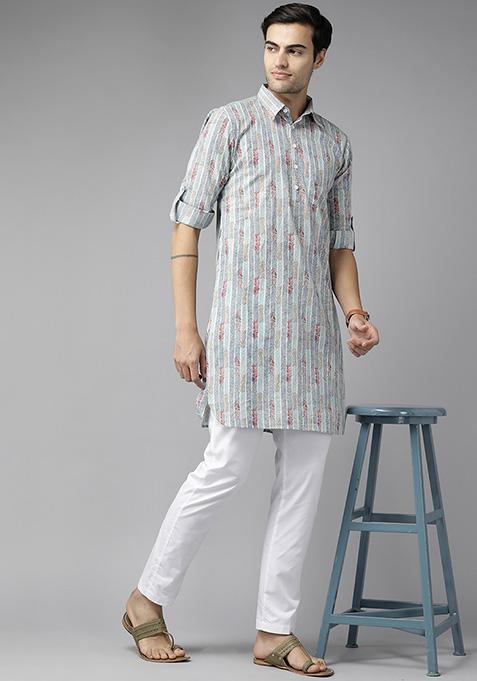Multicolour Cotton Pathani Kurta Set For Men