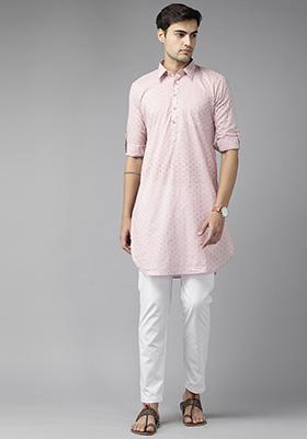 Pink Pure Cotton Pathani Kurta Set For Men