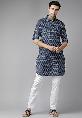 Blue Floral Print Pure Cotton Pathani Kurta Set For Men