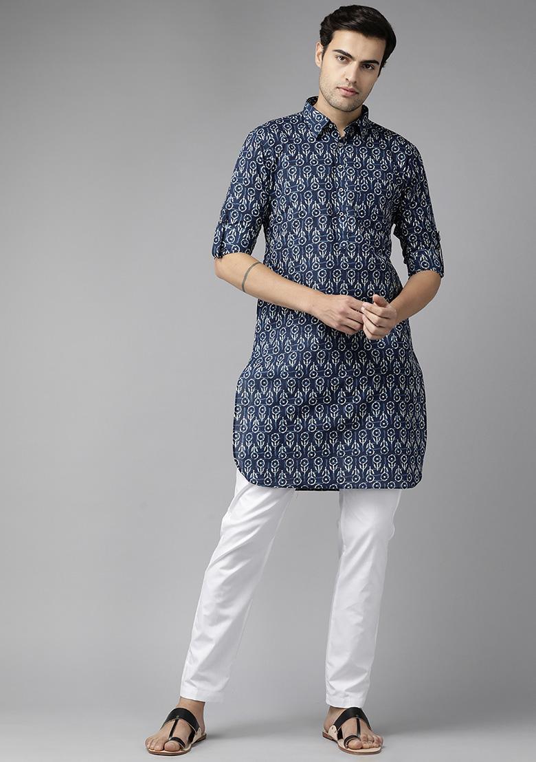 Blue Floral Print Pure Cotton Pathani Kurta Set For Men