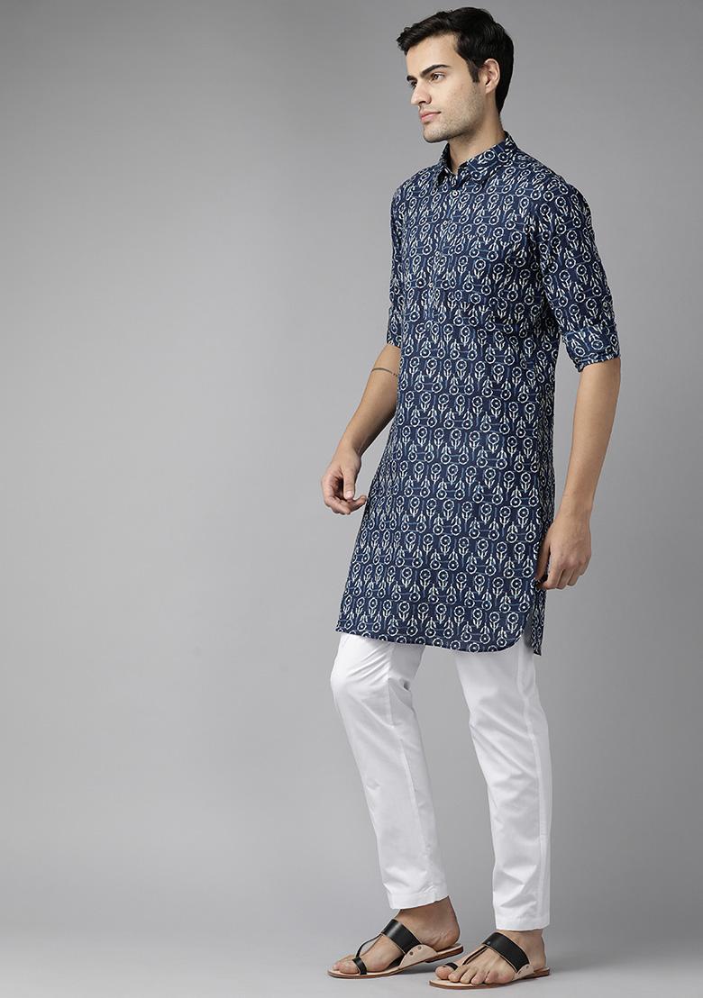 Blue Floral Print Pure Cotton Pathani Kurta Set For Men