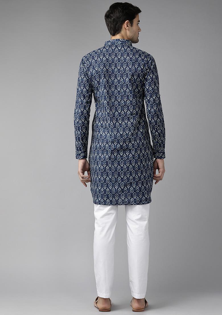 Blue Floral Print Pure Cotton Pathani Kurta Set For Men