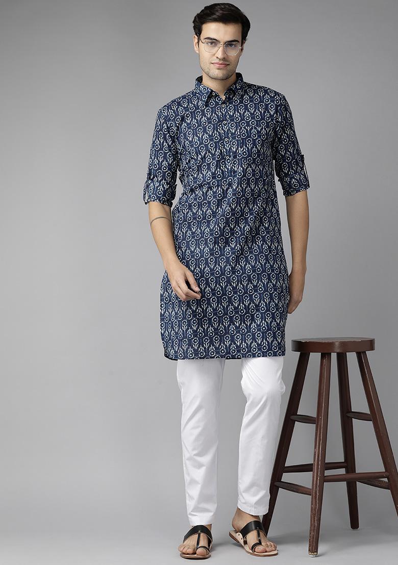 Blue Floral Print Pure Cotton Pathani Kurta Set For Men