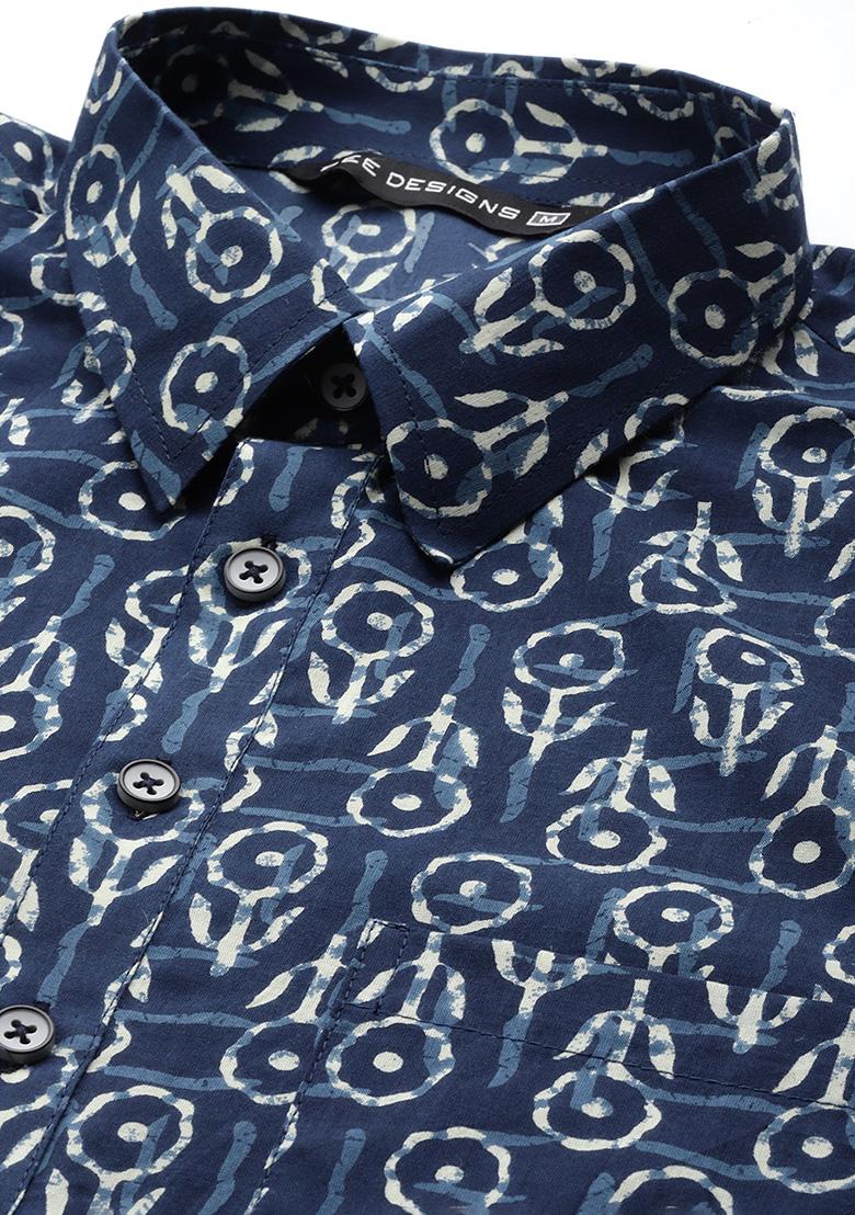 Blue Floral Print Pure Cotton Pathani Kurta Set For Men