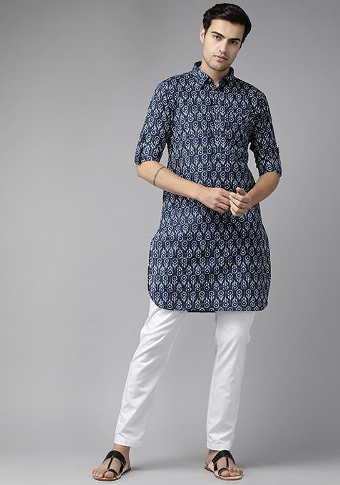 Blue Floral Print Pure Cotton Pathani Kurta Set For Men