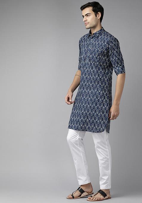 Blue Floral Print Pure Cotton Pathani Kurta Set For Men