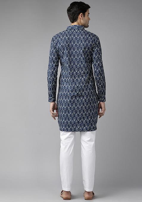 Blue Floral Print Pure Cotton Pathani Kurta Set For Men