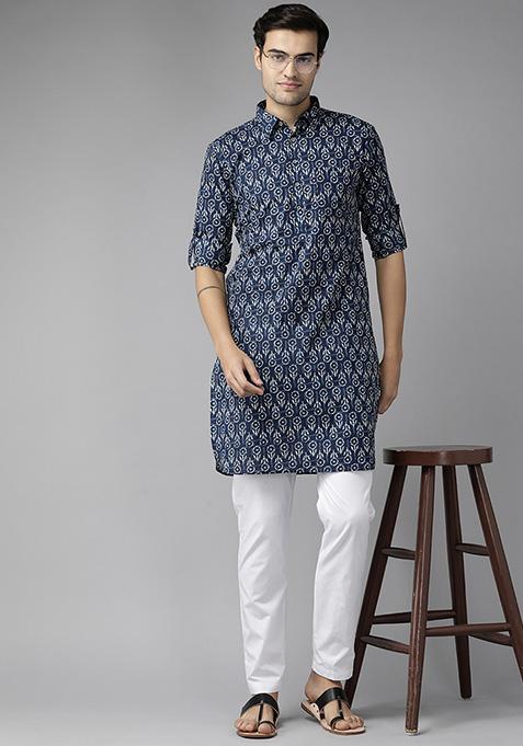 Blue Floral Print Pure Cotton Pathani Kurta Set For Men