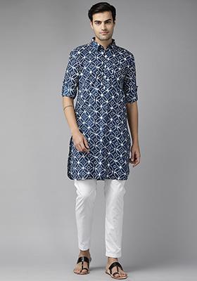 Blue Cotton Pathani Kurta Set For Men