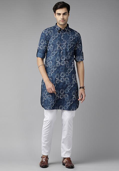 Indigo Blue Cotton Pathani Kurta Set For Men