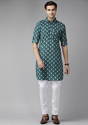 Teal Blue Cotton Pathani Kurta Set For Men