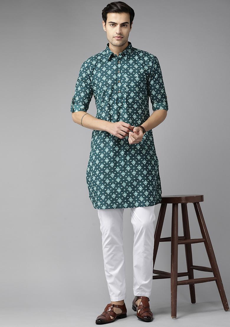 Teal Blue Cotton Pathani Kurta Set For Men