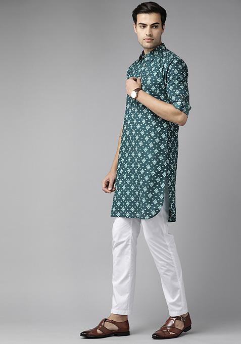 Teal Blue Cotton Pathani Kurta Set For Men
