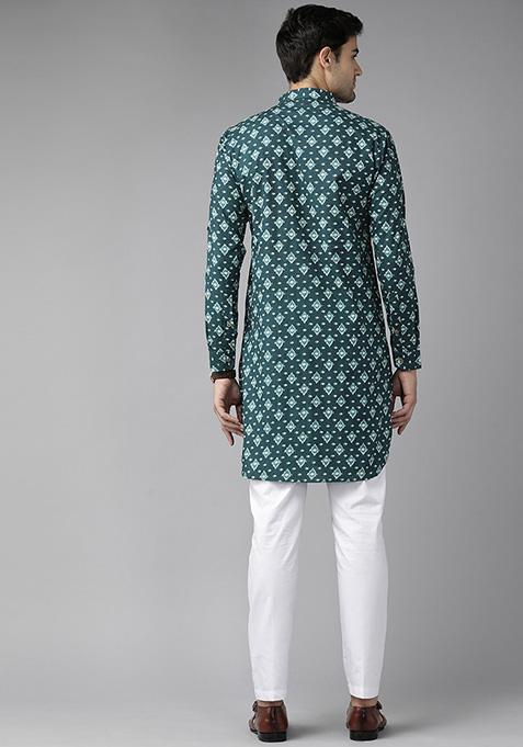 Teal Blue Cotton Pathani Kurta Set For Men