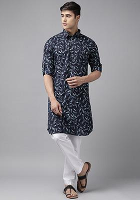 Indigo Blue Pure Cotton Pathani Kurta Set For Men