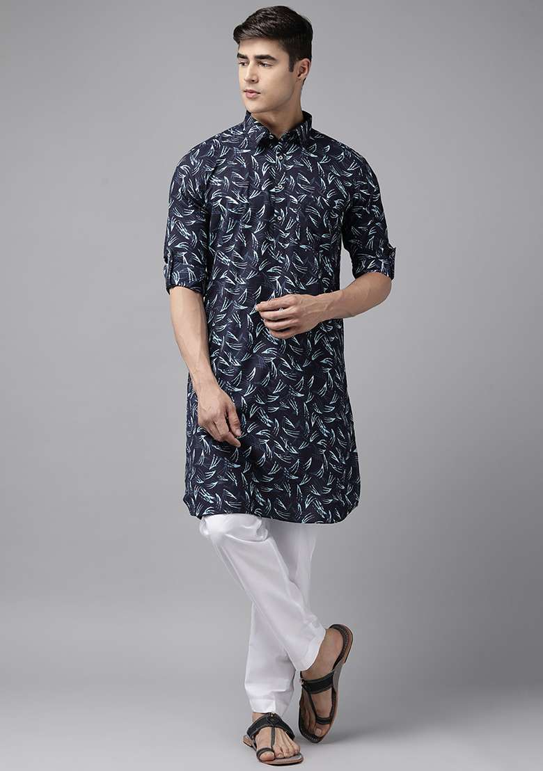 Indigo Blue Pure Cotton Pathani Kurta Set For Men - Indya