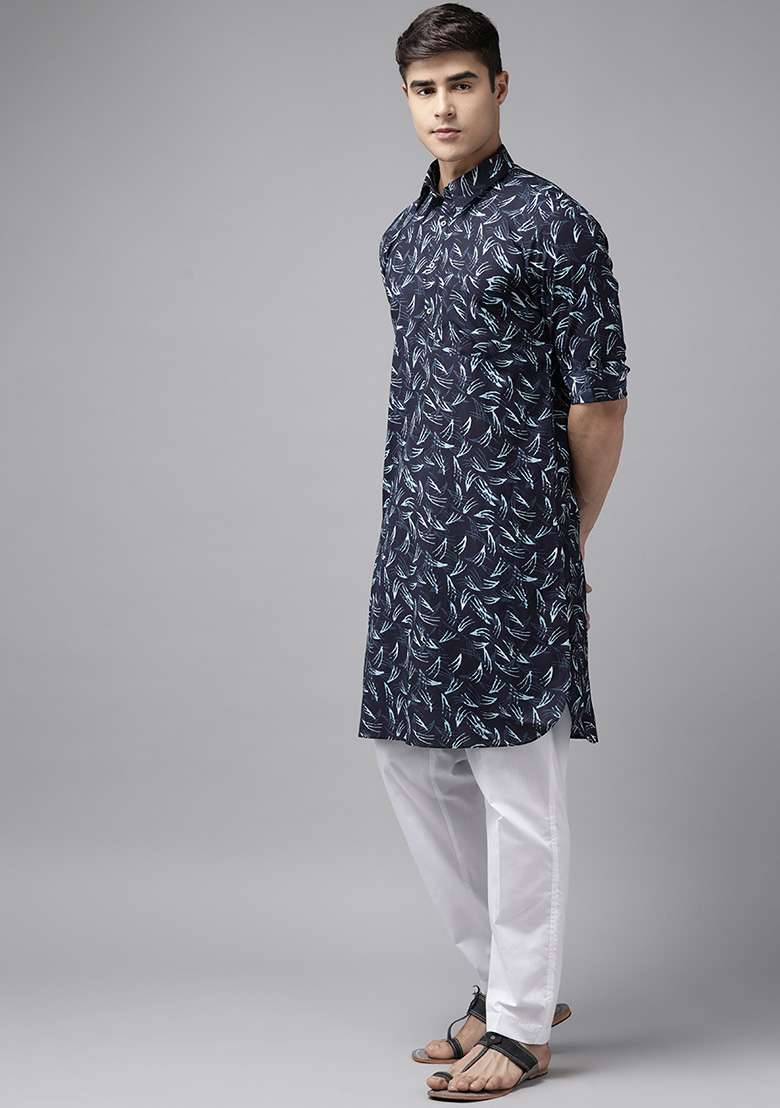 Indigo Blue Pure Cotton Pathani Kurta Set For Men - Indya