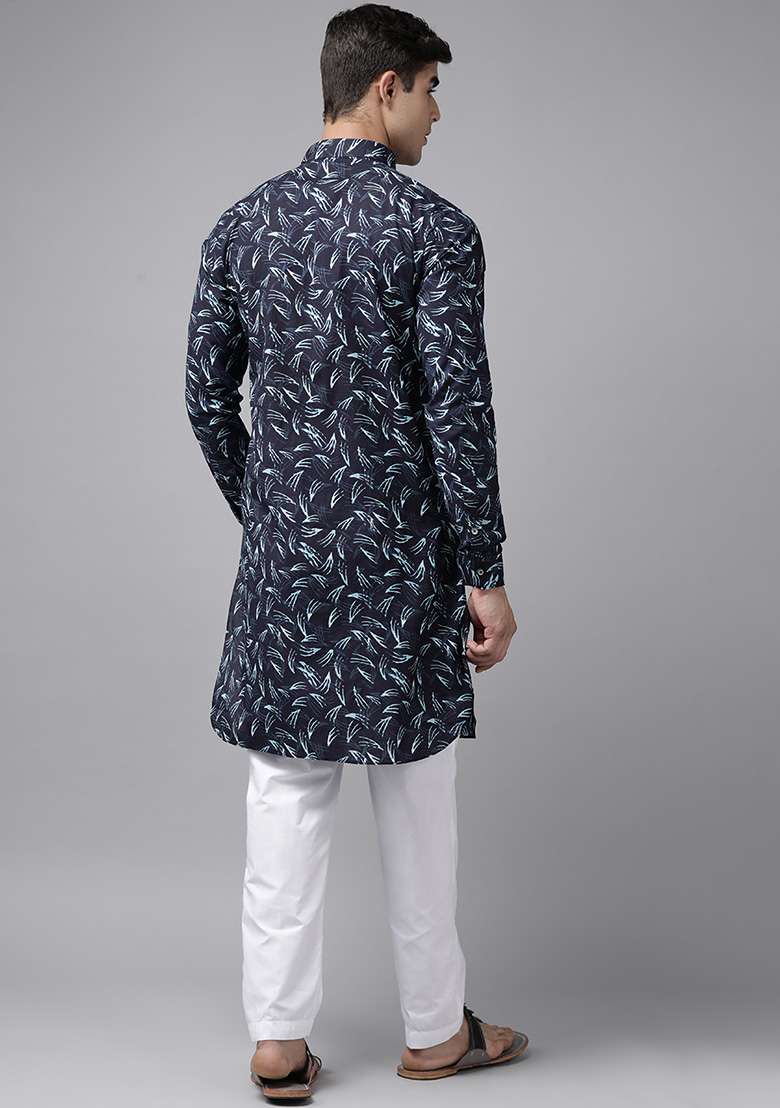 Indigo Blue Pure Cotton Pathani Kurta Set For Men - Indya