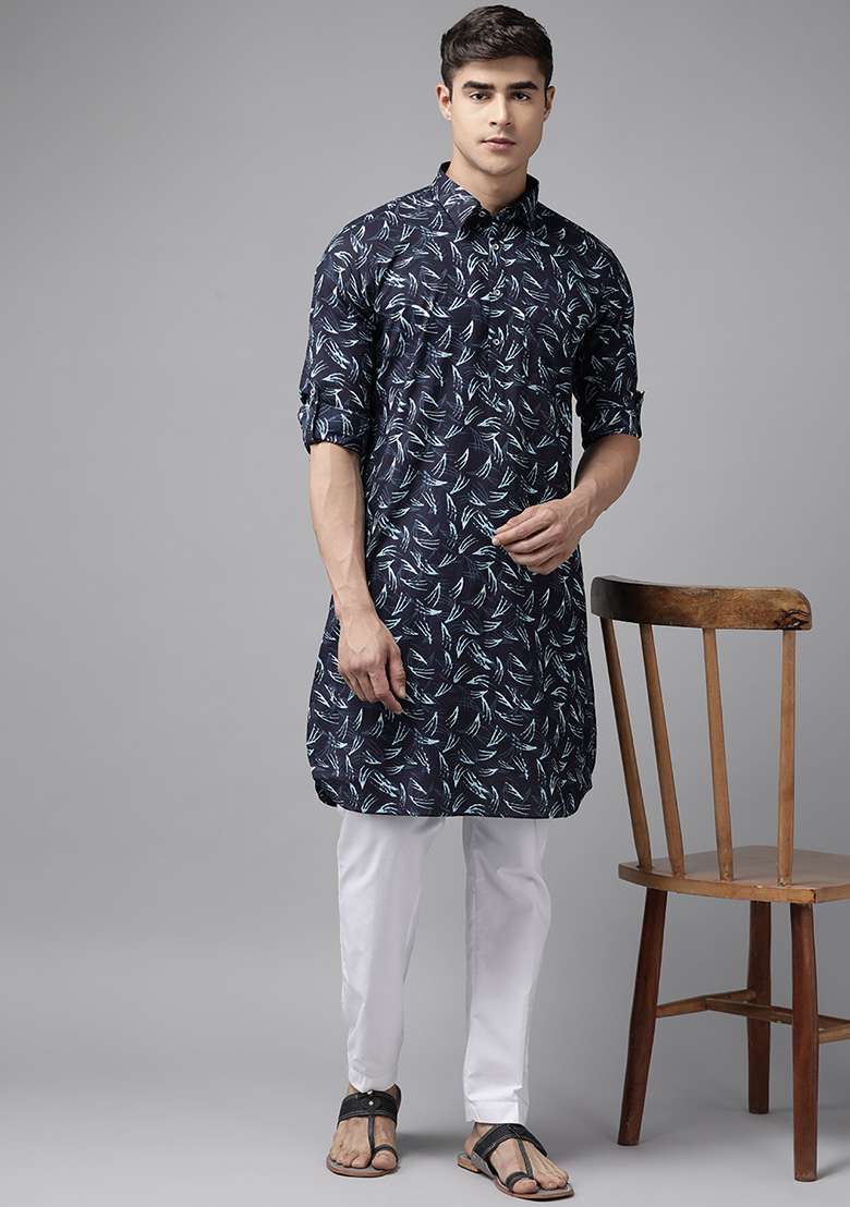 Indigo Blue Pure Cotton Pathani Kurta Set For Men - Indya