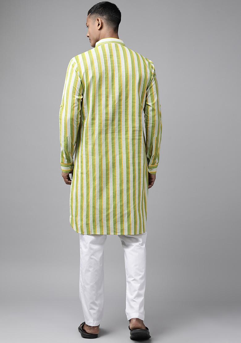 Lime Green Pure Cotton Pathani Kurta Set For Men